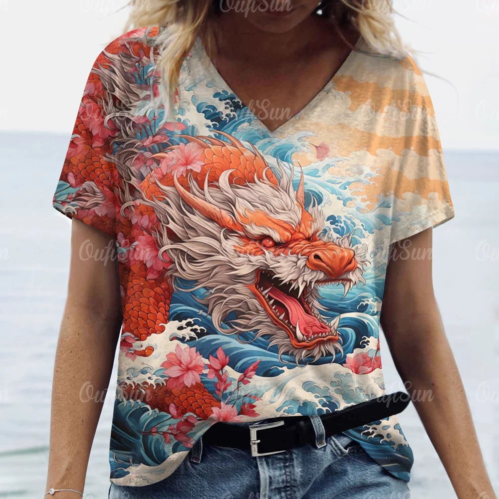 3D Print Dragon T-Shirt For Women Summer V-Neck Casual Short Sleeve Tees Female Fashion Clothing Oversized Street Pullover Tops