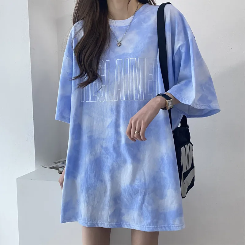 Tie Dye Gradient Loose Tops Tees Summer New Round Neck Short Sleeve Plus Size Pullovers Korean Style Fashion Women Clothing