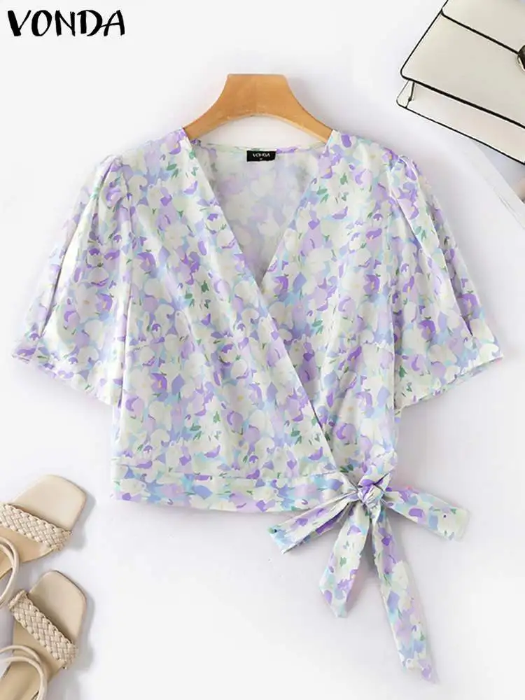 VONDA Elegant Shirts Blouse 2023 Women Casual Loose Tunic Bohemian Printed Tops Bandage Short Sleeve V-neck Fashion Blusas Femme