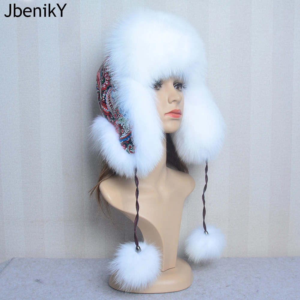 100% Real Fox Fur Hat Women's Russian Ushanka Aviator trapper snow skiing Hat caps earflap winter raccoon fur Bomber hat