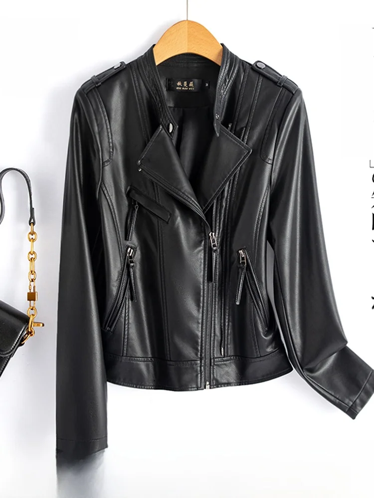 

2025 Spring Autumn New Sle Women's ort Slim Fit Leather Jaet Motorcycle Sensation Genuine Leather Biker Jaet Coat
