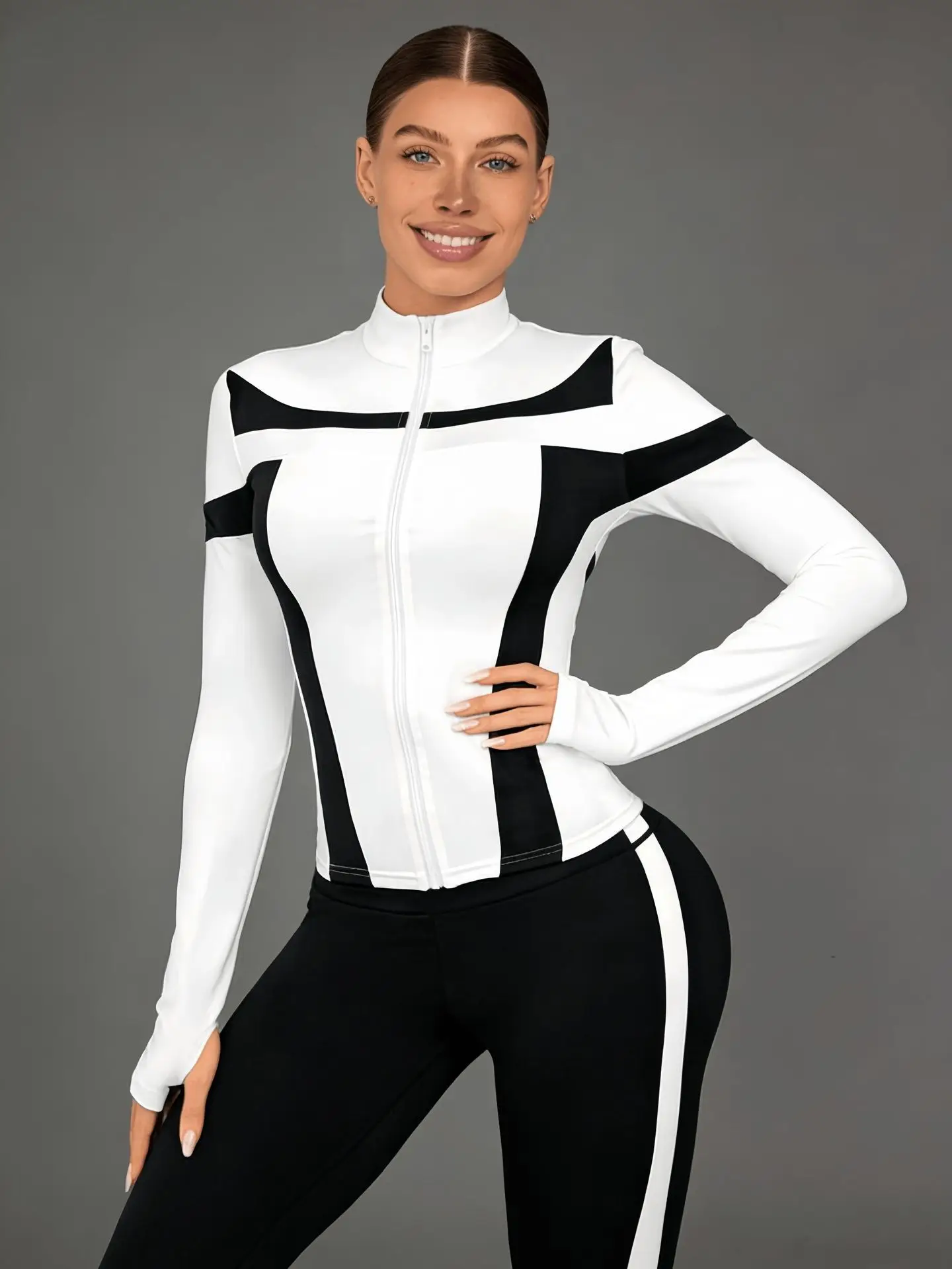 Chaqueta de Yoga de bloque de Color para mujer, ajustada, con cremallera, manga larga, Top deportivo con cuello levantado, trajes de entrenamiento para gimnasio, abrigo de Fitness, ropa deportiva