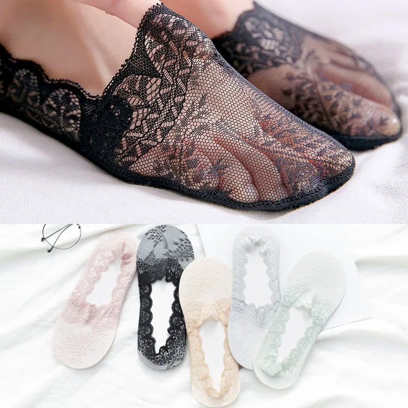 

Women's Lace Invisible Summer Boat Socks Silicone Non-Slip Transparent Short No-Show Ankle Socks Black White Low Cut Boat Socks