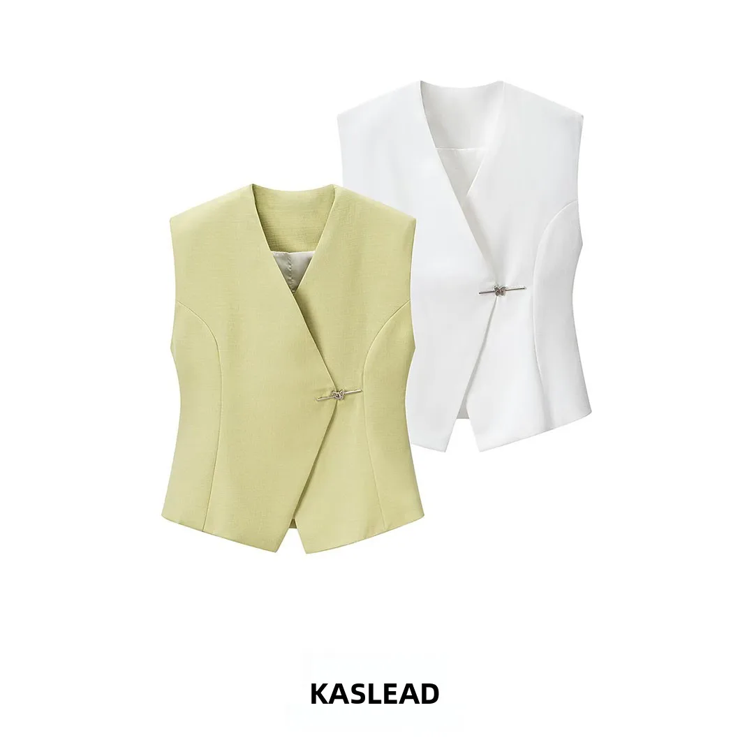 KASLEAD Women's Fashion Slim Fit V-Neck Waist-Cinching Vest Top Versatile Style Polyester Fiber Cardigan Sleeveless Outerwear