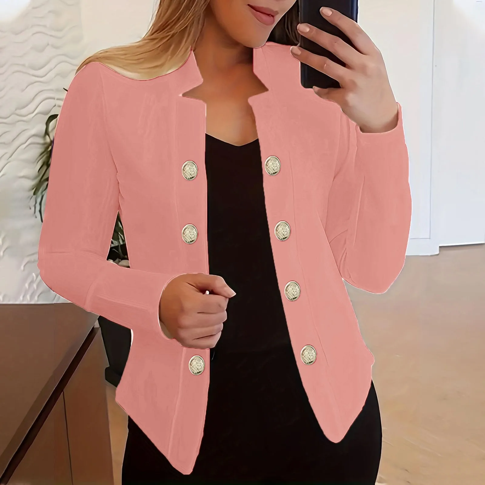 Ladies Suit Lapel Double-Breasted Medium-Length Suit Jacket Ladies Slim Cardigan Solid Colour Elegant Temperament Pockets Suit