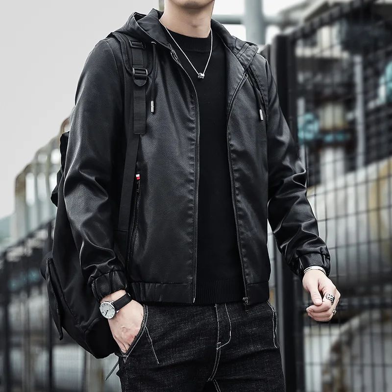 

Men's Leather Jacket, Men's Hoodie, Slim-fit Korean Style Biker Casual Coat