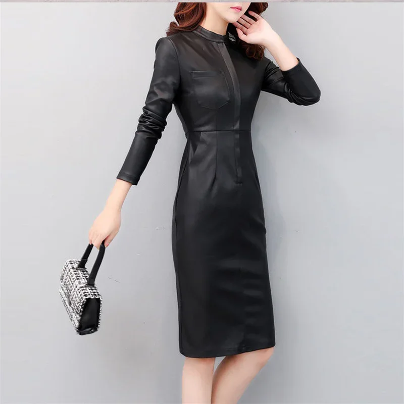 2024 Fall Winter Plus Size Velvet Dress Korea Fashion Women Sexy Knee-length Dress Long Sleeve Zip Pu Leather Bodycon Dress