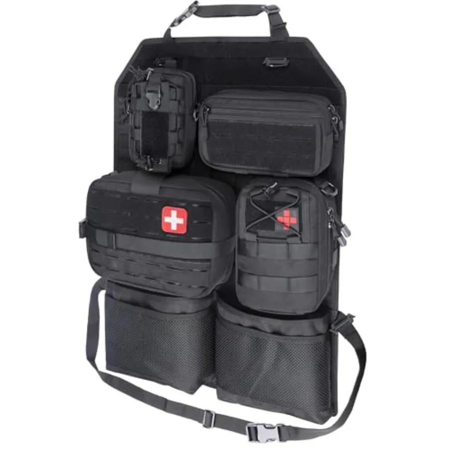 Tactical Car Seat Back Organizer Set, Vehicle Accessories Molle Panel wtih Detachable 4 Molle Pouches - First Aid EDC Admin Sto