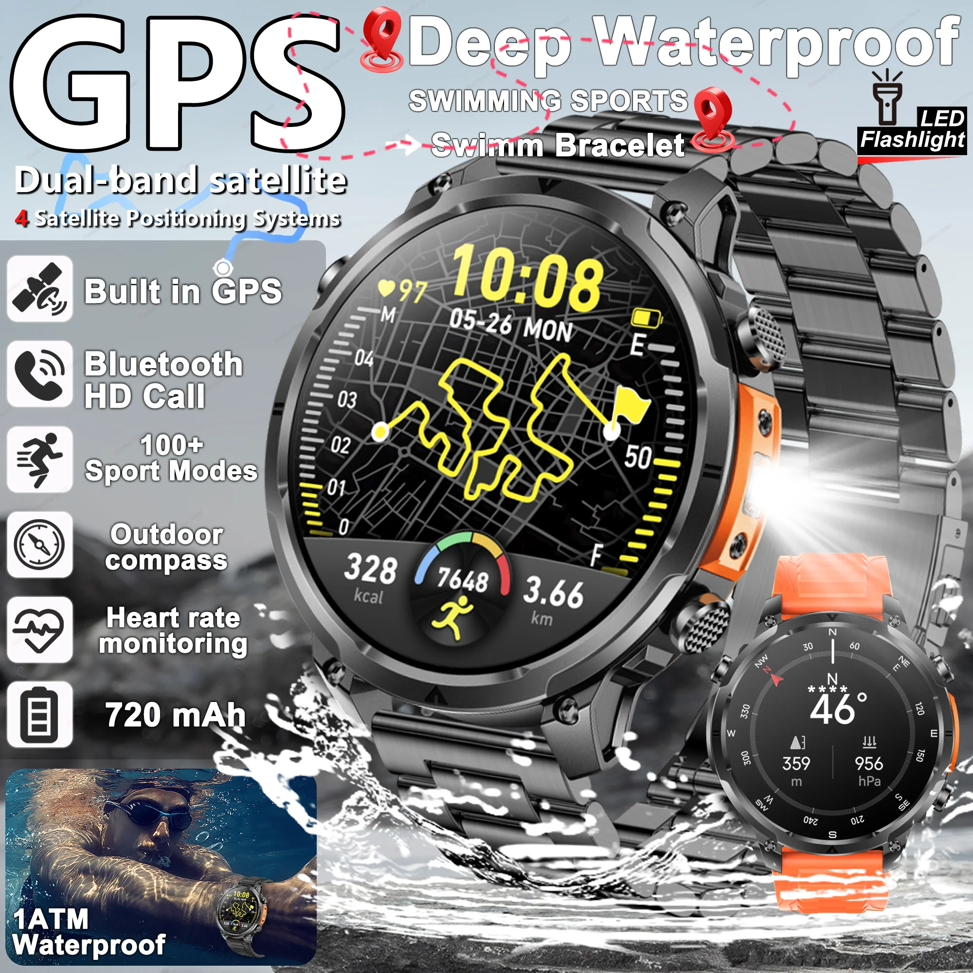 

2025 new men's GPS sports smart watch with LED flashlight waterproof BT call heart rate monitoring fitness tracking smart watch