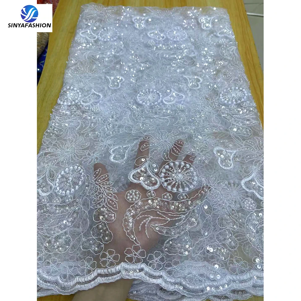 Sinya 2024 High Quality 11 Different Designs Beautiful White African Pearls Sequins French Mesh Tulle Beaded Lace Fabric Luxury