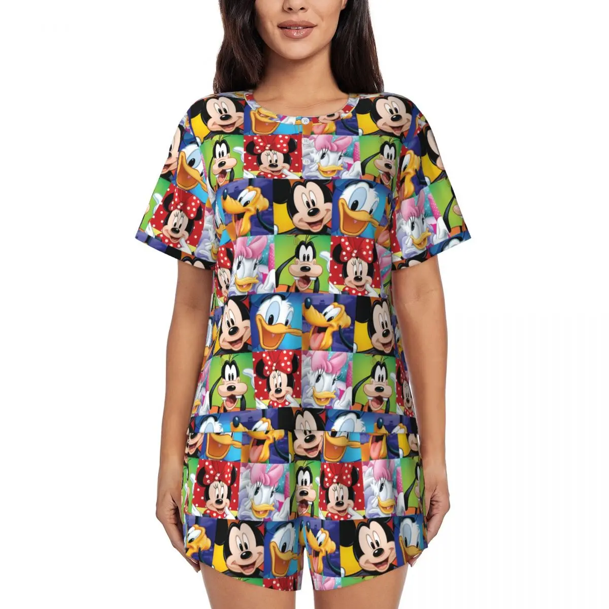 

Custom Mickey Mouse Donald Duck Pajama Sets Women 2 Piece Short Sleeve Pjs Shorts Sleepwear