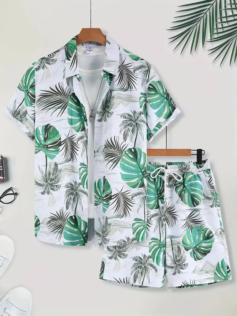 Hawaii 2-piece Vintage Baroque Style Pattern Outfit Set 3D Printing Men Short Sleeve Lapel Shirt Shorts Set Summer 2PCS Suit