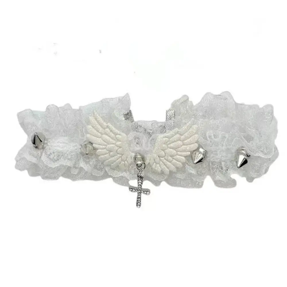Lolita Solid Color Women\'s Necklace Wide Lace Rivets Lace Choker Angel Wings Cool Leather Necklace Daily Wear