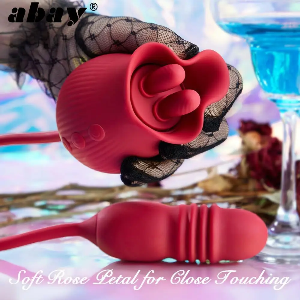 Mainan seks berbentuk mawar dengan vibrator penghisap, dildo dorong dan dua lidah mini, vibrator mawar dengan 3 stimulasi klitoris dan 10 V