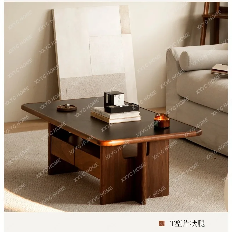 XXBlack Walnut Wood for Living Room, Small Household Solid Wood Rock Board Coffee Table, Simple Storage Small Tea Table