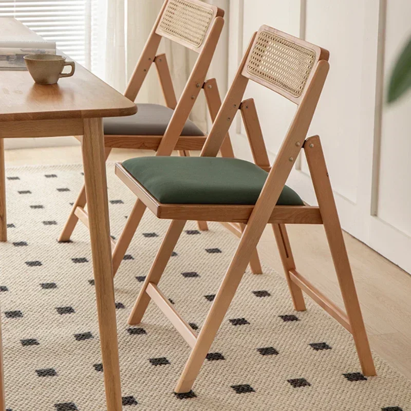 Vine Woven Folding Dining Chair Retro Wood Foldable Nordic Home Backrest Comfortable Not Tiring After Sitting for A Long Time