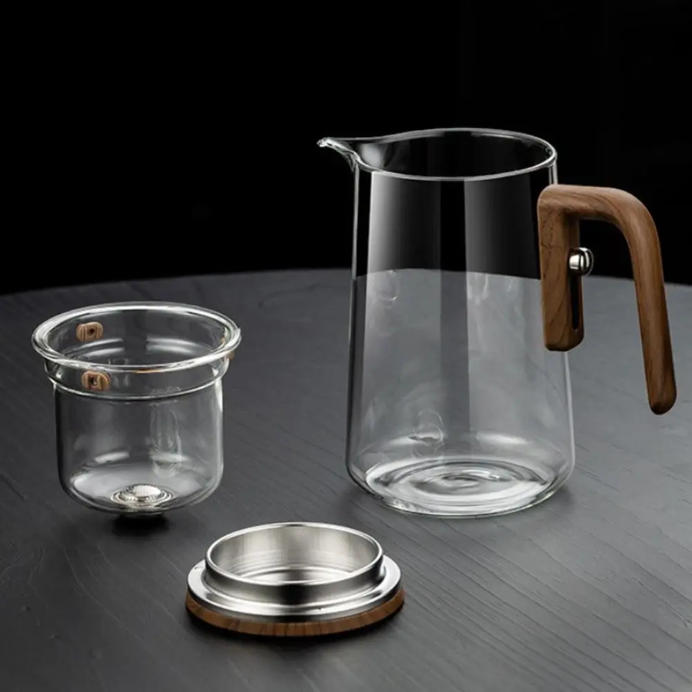 

One Click Magnetic Switch Water Separation Inner Container Teapot Glass Clear Filter Tea Cup Wood Handle Heat-resistant
