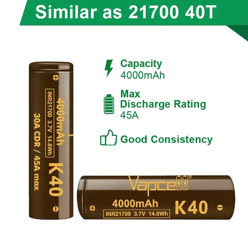 Vapcell-懐中電灯用の高出力リチウムイオン電池,k40 inr 21700,4000mah cdr 30a max 45a 3.7v,21700