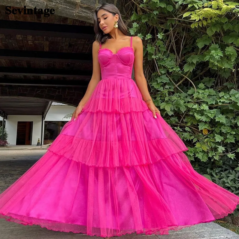 

Sevintage Fuchsia Glitter Tulle Formal Prom Dresses Tiered Skirt Prom Gowns Spaghetti Strap Evening Dress Women Long Party Gown