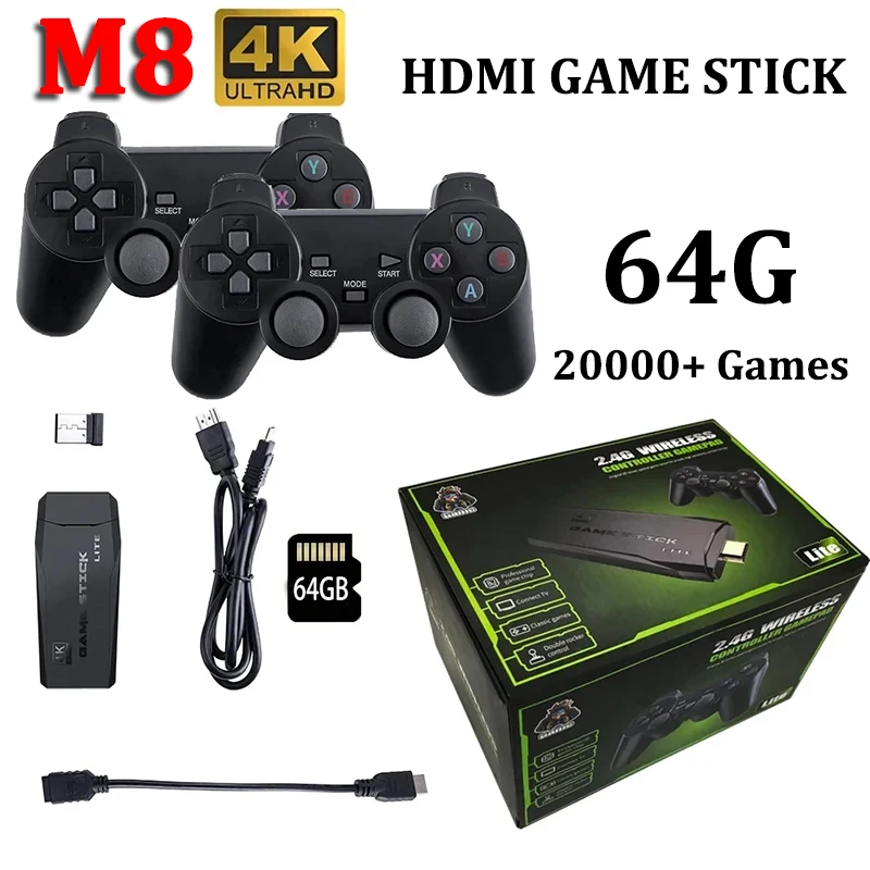 Video Game Sticks M8 Console 2.4G Dual Wireless Controller Game Stick 4K 10000 games 64GB Retro game For Dropshiopping Xmas Gift