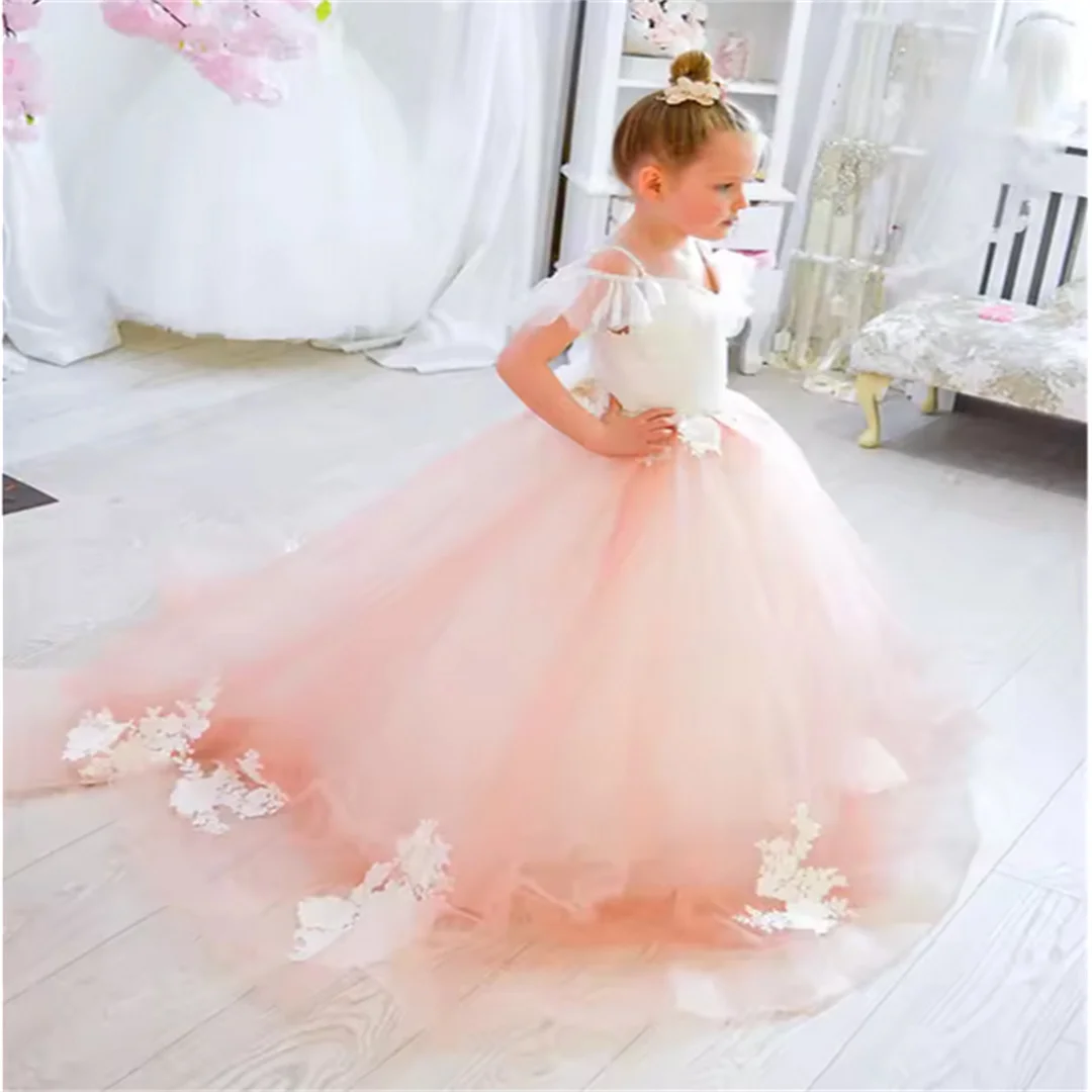 Customized  Elegant Princess Flower Girl Dress Wedding Lace Print Length Bow Belt First Communion Gowns Kids Birthday Gift