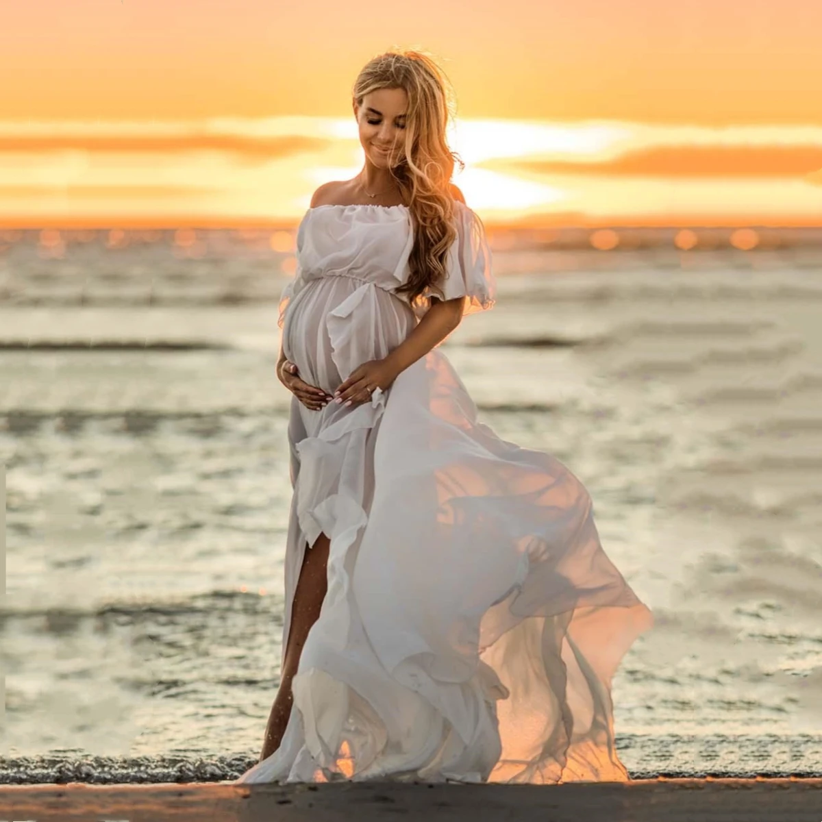 Summer Chiffon Slash Neck Maternity Photography Long Dress Sides Slit Boho Chiffon Pregnancy Photo Shooting Maxi Dress