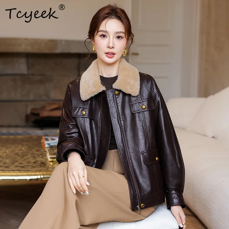 Tcyeek سترة جلدية أصلية للنساء ملابس شتوية معطف من جلد الغنم الحقيقي امرأة بيضاء أوزة أسفل معاطف نسائية الصوف الفراء طوق