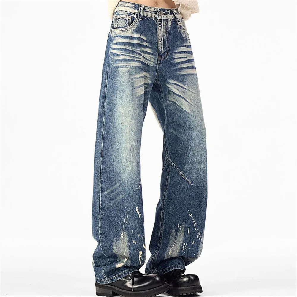 MWJLPWQ Punk-Style Splatter-Dye Jeans Men Trendy Design Paint Splatter Loose-Fit Pants Vintage Washed Distressed Trousers 20931