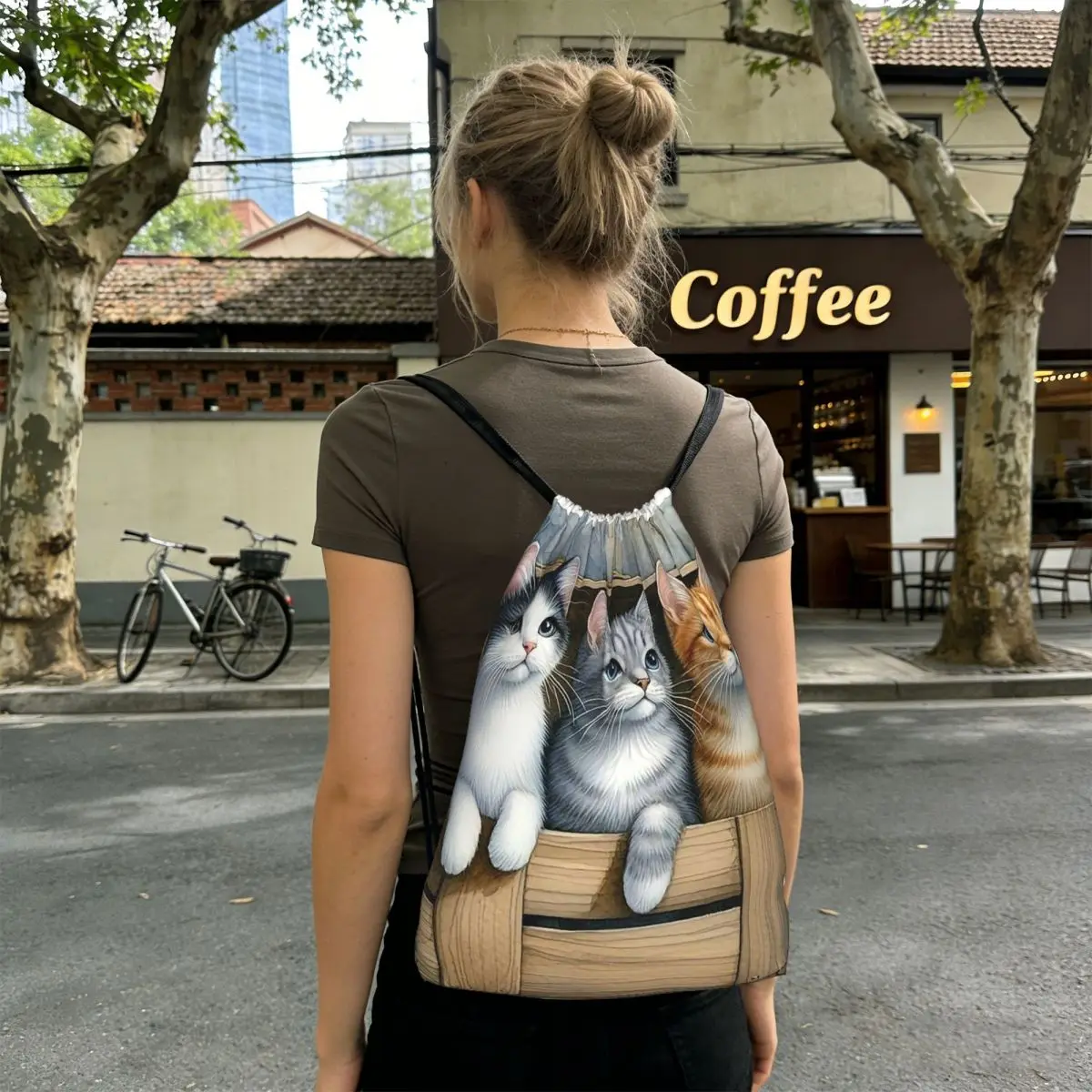 Three Kitten Wooden Box Pattern Backpacks Portable Drawstring Bags Sports Bag Book Bags for Man Woman Students