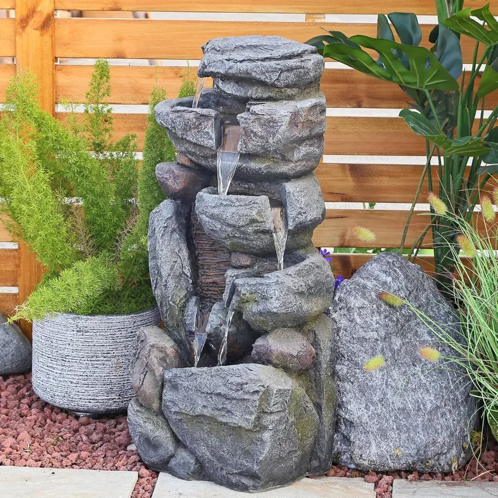 

6-Tier Cascading Rock Water Fountain 31.5'' Water Fall Fountain Outside Resin Fountain with Light