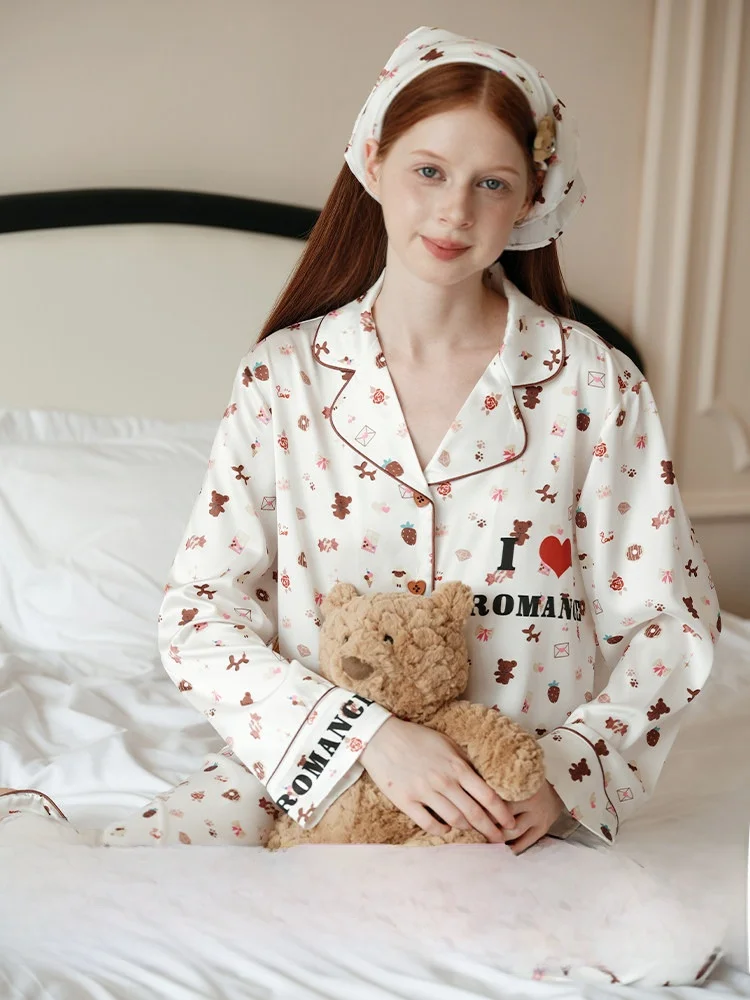 RooMance Youth Sleepwear Ice Silk Home Clothes Set Women's Summer Outwear Floral Print Loose Fit Long Sleeve Pajamas Set