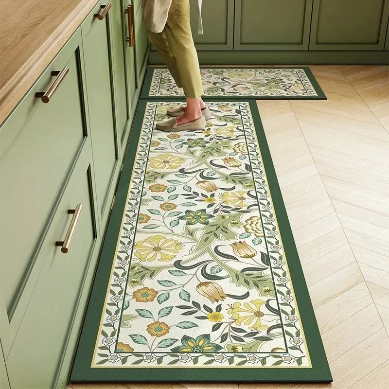 

Kitchen Rug Pvc Waterproof Leather Carpet Green Flower Long Floor Mat Non-slip Oil-proof Minimalist Style Home Decoration Rugs