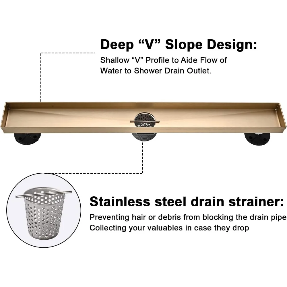 Stainless Steel Rectangular Shower Drain Kit, 36 Inch Brushed Gold, Linear Floor Drain for Bathroom Trench Drain Installation