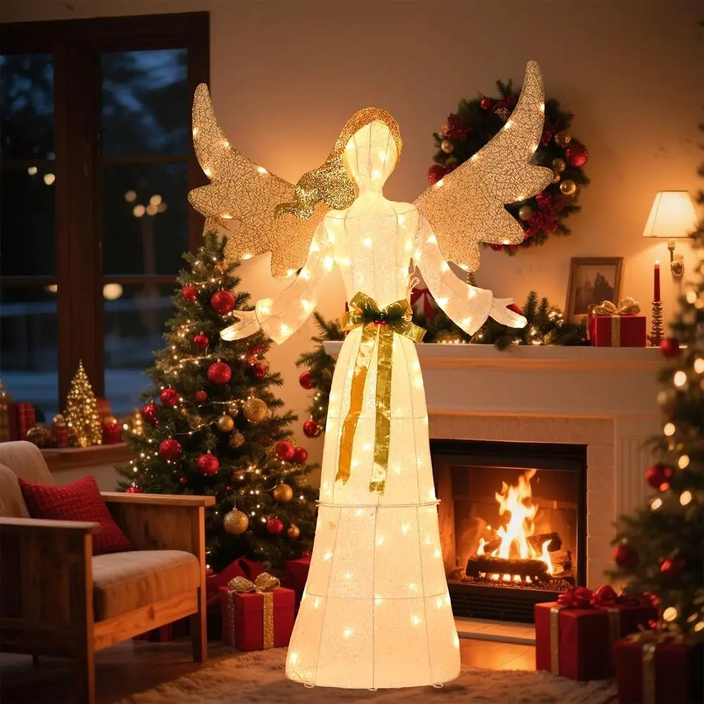 زينة عيد الميلاد الملاك اللامعة ثلاثية الأبعاد المضاءة مسبقًا، بطول 5 أقدام مع فيونكة وأجنحة قابلة للطي للاستخدام الخارجي أو الداخلي #2