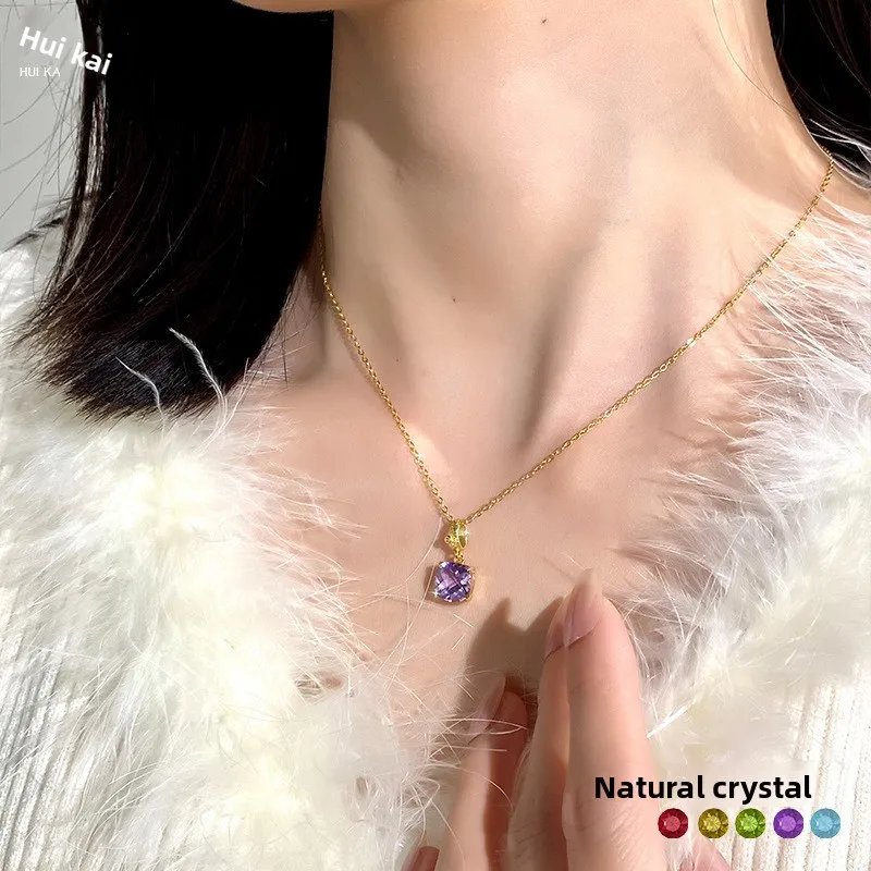 Chinese Style Lucky S925 Sterling Silver Necklace For Women Ice Cut Natural Crystal Square Pendant Inlaid Gem Wealth Attracting