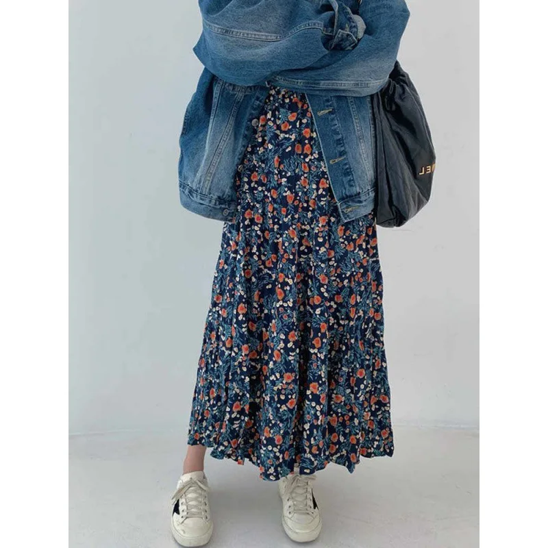 Vintage Blue Flower Print Skirt for Women Summer New High Waist A-line Skirts Lazy All-match Mid-length Loose Faldas Mujer