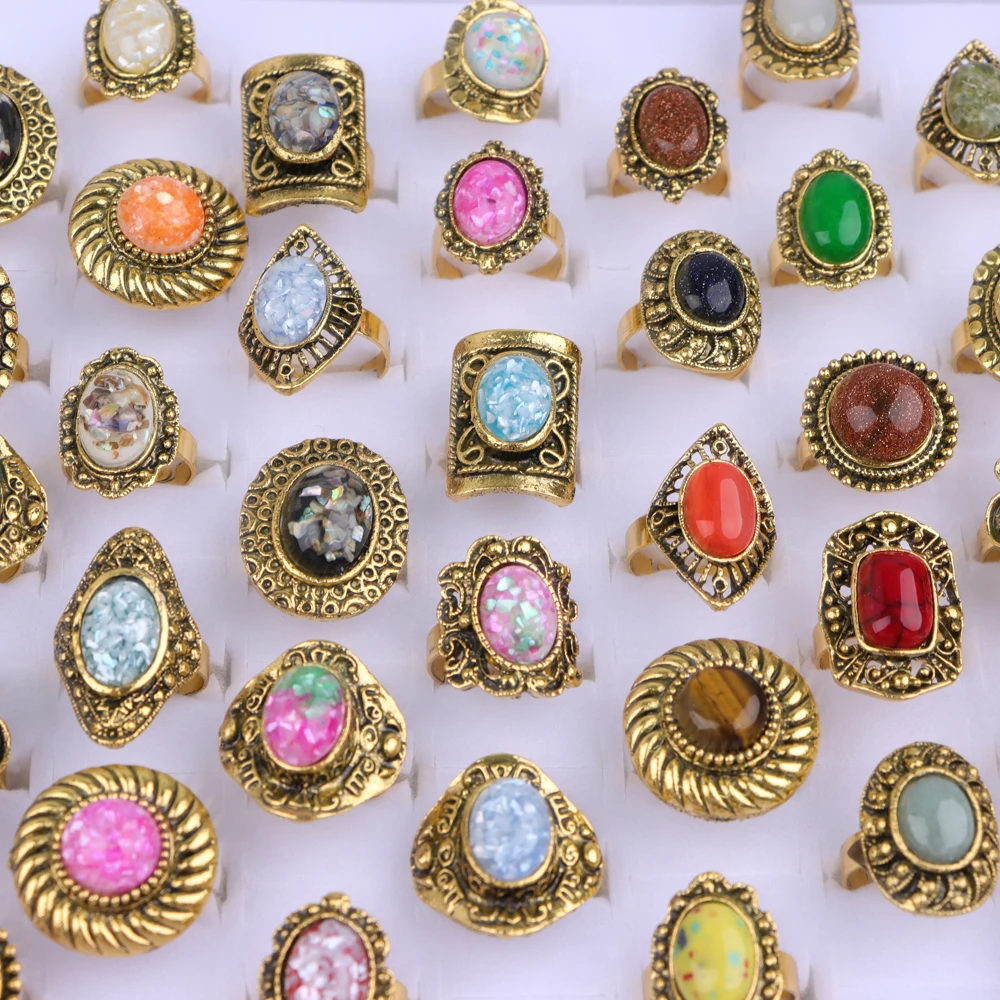 20Pcs/Lot Vintage Luxury Rhinestone Opal Stone Rings for Female Anniversary Finger Jewelry Acceories Party Gitfs Mix Style