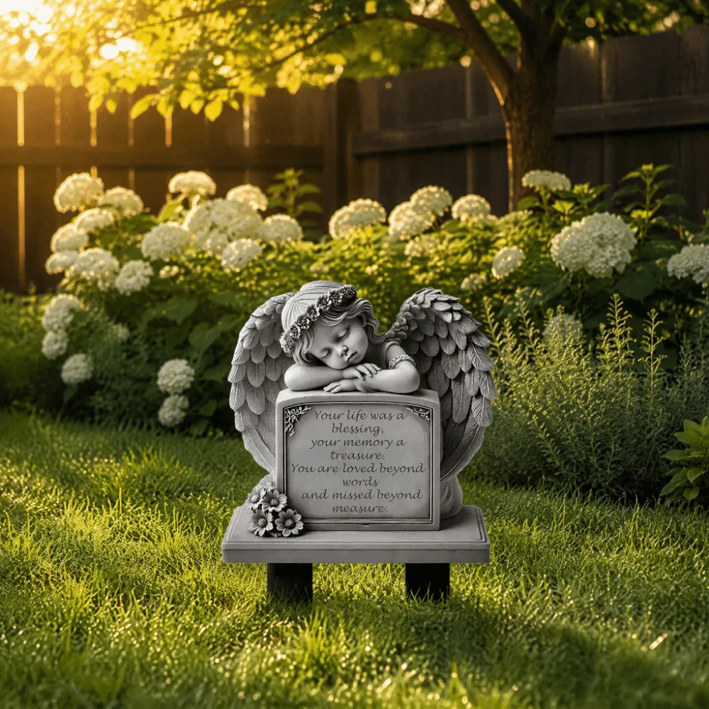 Commemorative Design Garden Angel Statue 5.11x7.8in Grey Angel Tombstone Plaque Human Memorial Garden Decoration Memorial Plaque