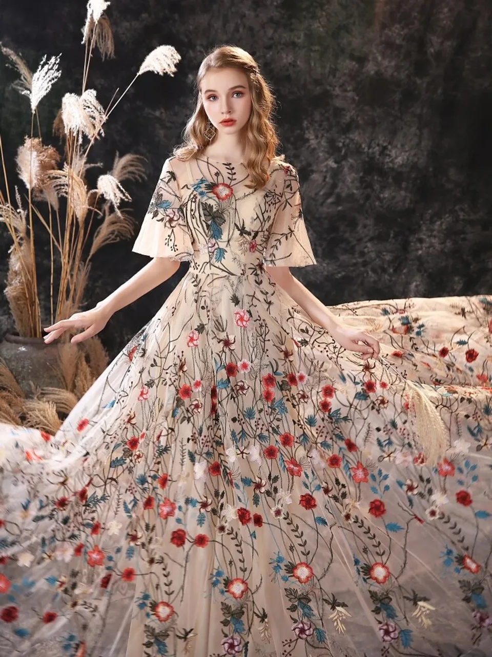 

Elegant Colorful Embroidered Flower Wedding Party Dress Floor Length A-line Evening Gown for Women Special Occasion#18614