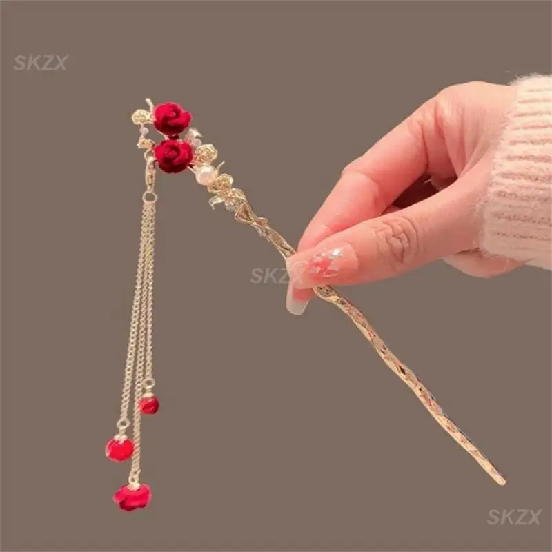 Hanfu Step Shake Exquisite Design Convenient Guofeng Hairpin Hanfu Fashion Red Rose Hairpin Edge Smooth Sturdy Rose Hairpin