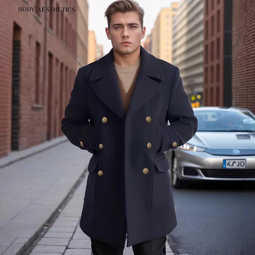 Autumn Winter Men British Mid-Long Wool Overcoat Notched Lapel Double Breasted Solid Warm Windproof Business Casual Coat