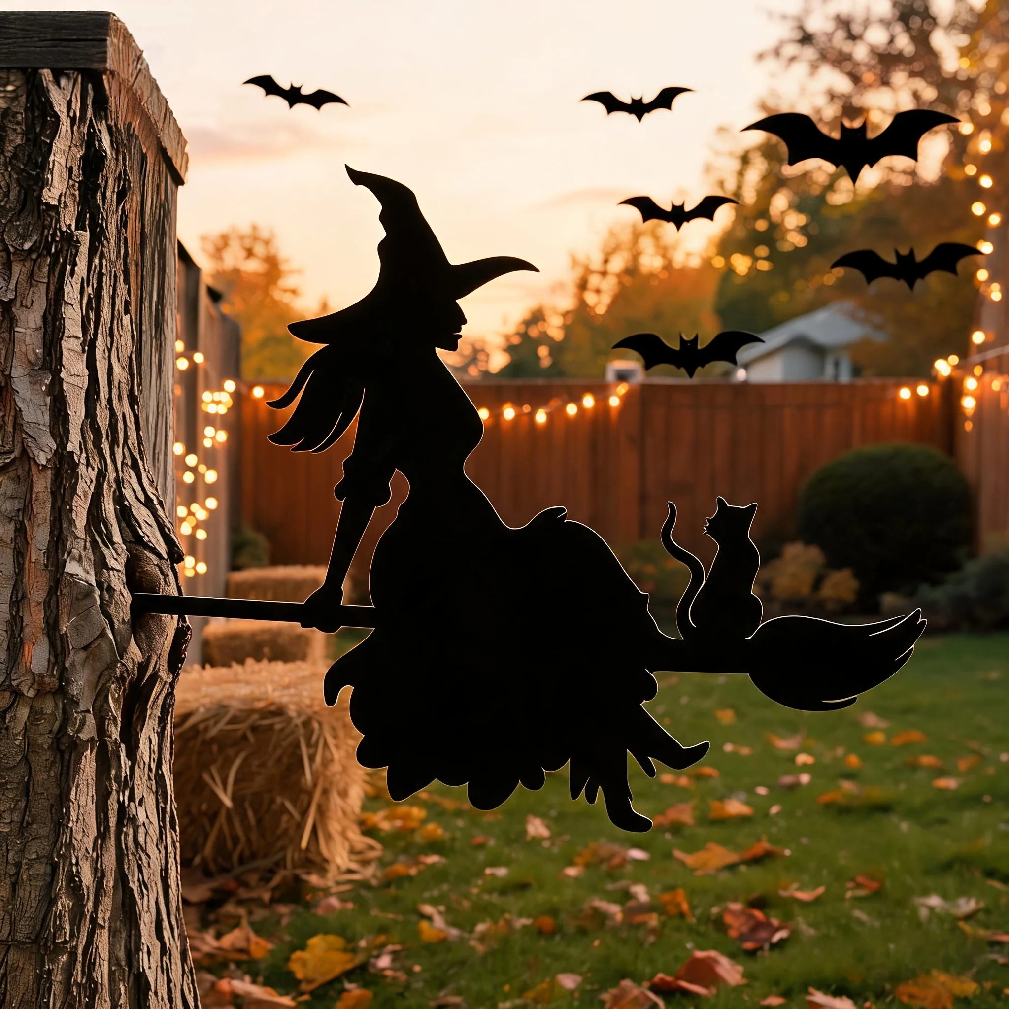 2D Flat Halloween Witch Metal Silhouette, Cat on Broomstick Tree Branch Decoration, Side-Hanging Outdoor Garden Yard Stake Ornament, for Autumn Festival Yard Decoration