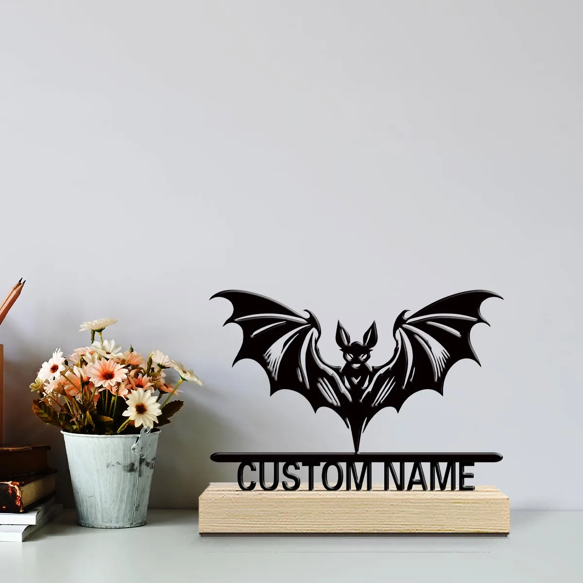 1pc Interesting Metal Desktop Decoration Custom Name Equipped with Wooden Base Modern Rural Home Desktop Decorations