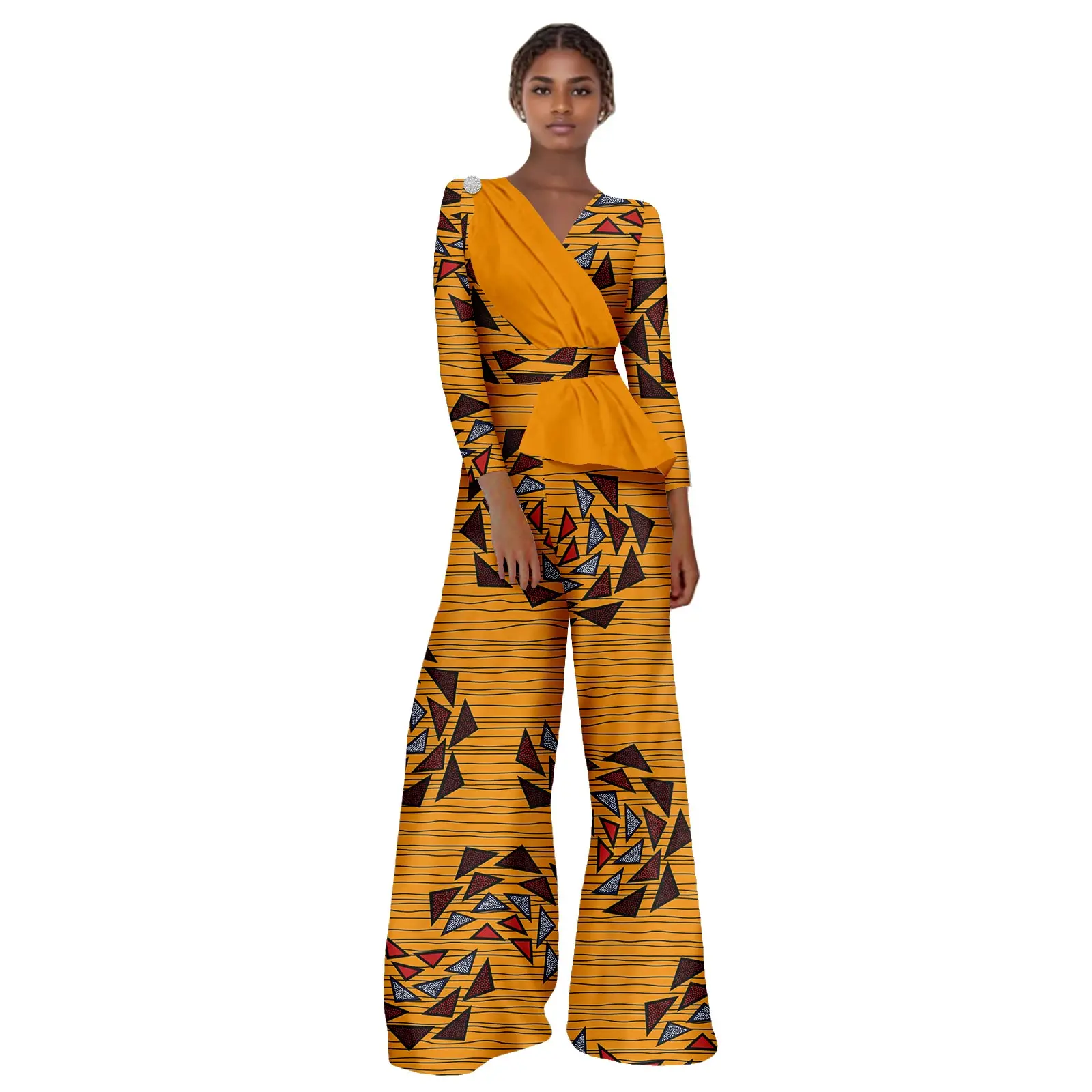 

African American Women's Ankara Print with Solid Color Front Placket Sexy Long Sleeve Top Fashion Casual Wide Leg Pants 2526005