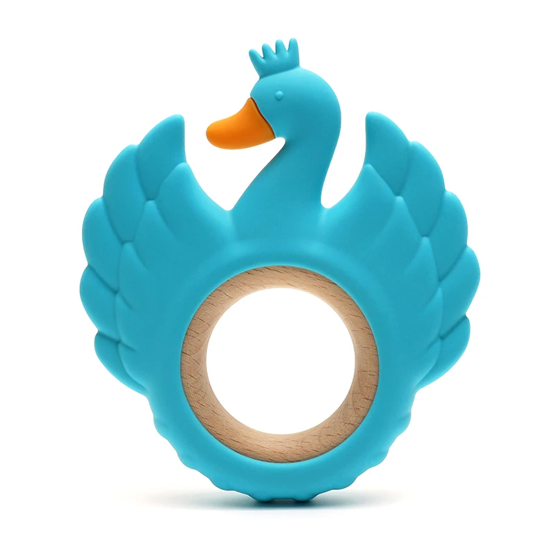 2024 new swan silicone teether Food Grade wooden ring  baby Teething toy