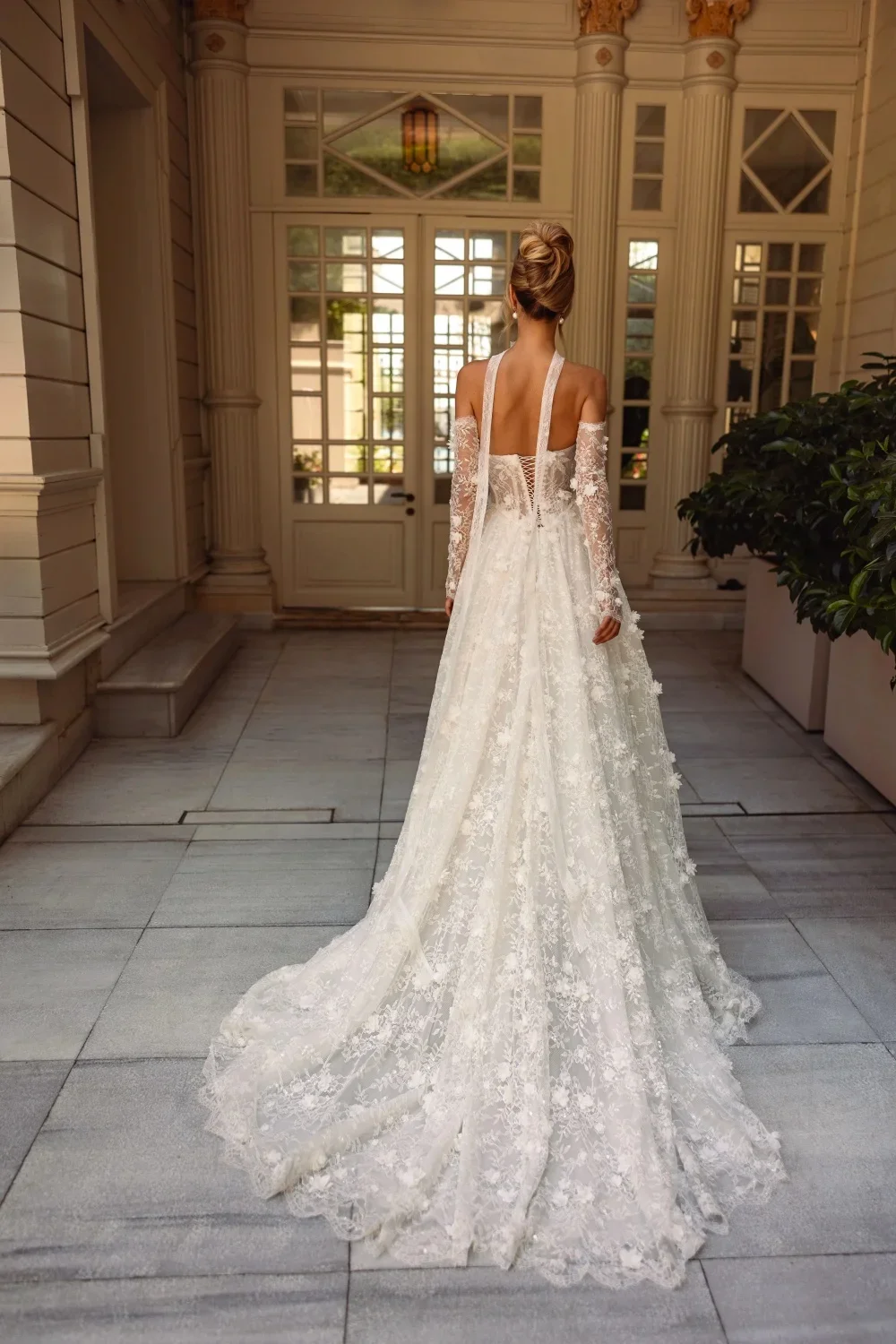 Customized Sequined 3D Flower A-line Lace Long Wedding Dress Detachable Sleeve Bridal Gown Sweetheart Neck Dresses For Bride