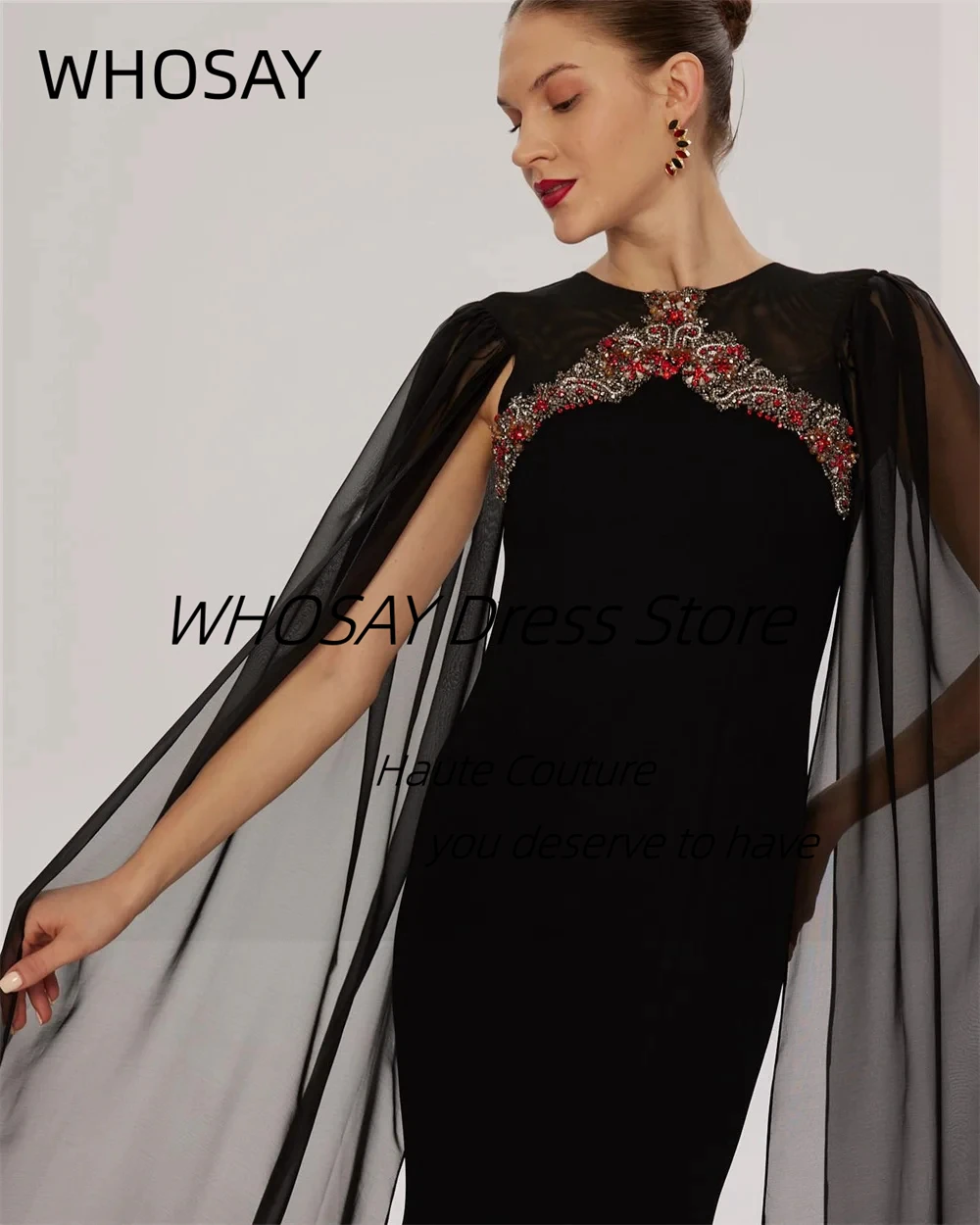 Whosay preto vestidos de baile o-pescoço frisado personalizado vestido de festa à noite com mangas esvoaçantes robe de soiree