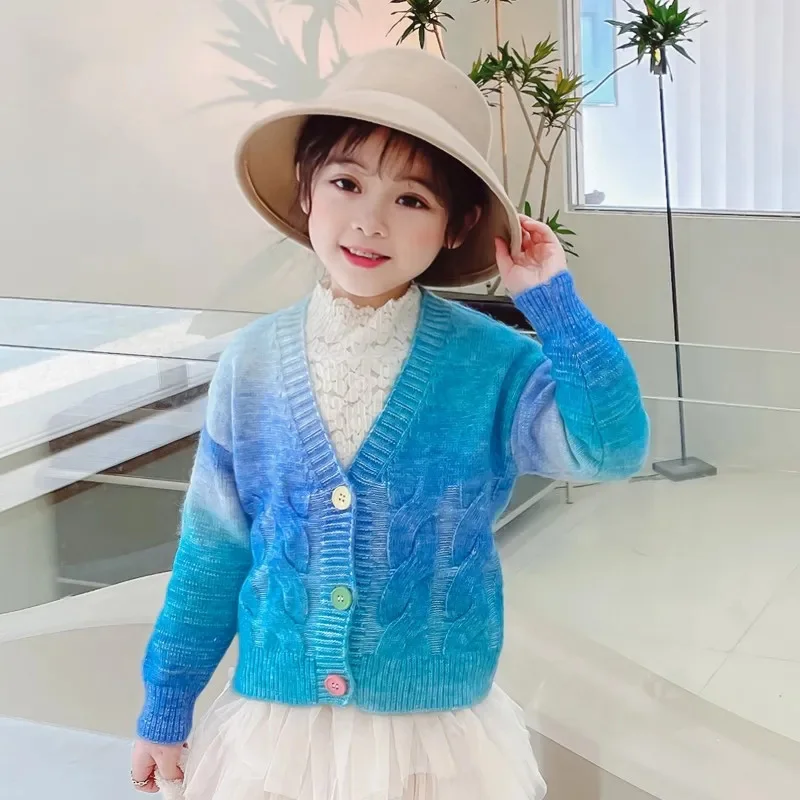 Rainbow Color Girls' Knitted Cardigan Spring Autumn Medium Big Children's Single-breasted Sweater Thin Baby Sweater Coat