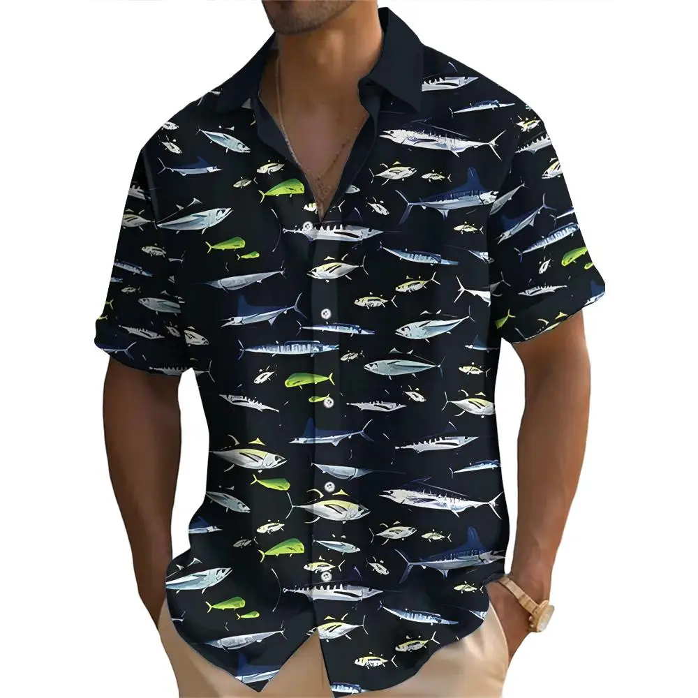 Summer Fashion Ocean Fish Print Men\'s Short Sleeve Casual Printed Tops Seaside Vacation Travel Wear Oversized Tops