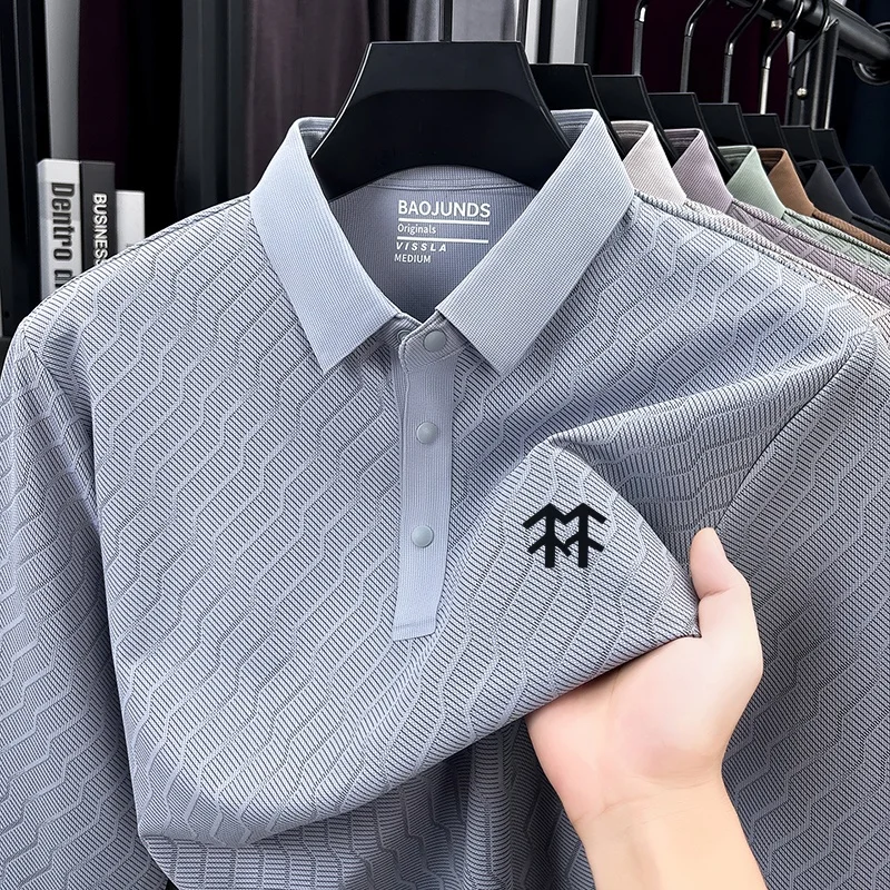 High End Quality Men's Textured Polo Shirt Comfortable Autumn Lapel Solid Color Long Sleeved T-Shirt Business Commute Men's Wear